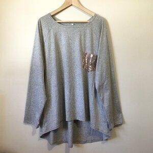 Heathered Grey Womens High Low Rose Gold Sequin Pocket Shirt 4X